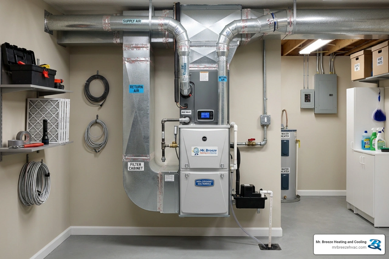 modern energy-efficient gas furnace installed in a clean basement utility room modern energy-efficient gas furnace installed in a clean basement utility room