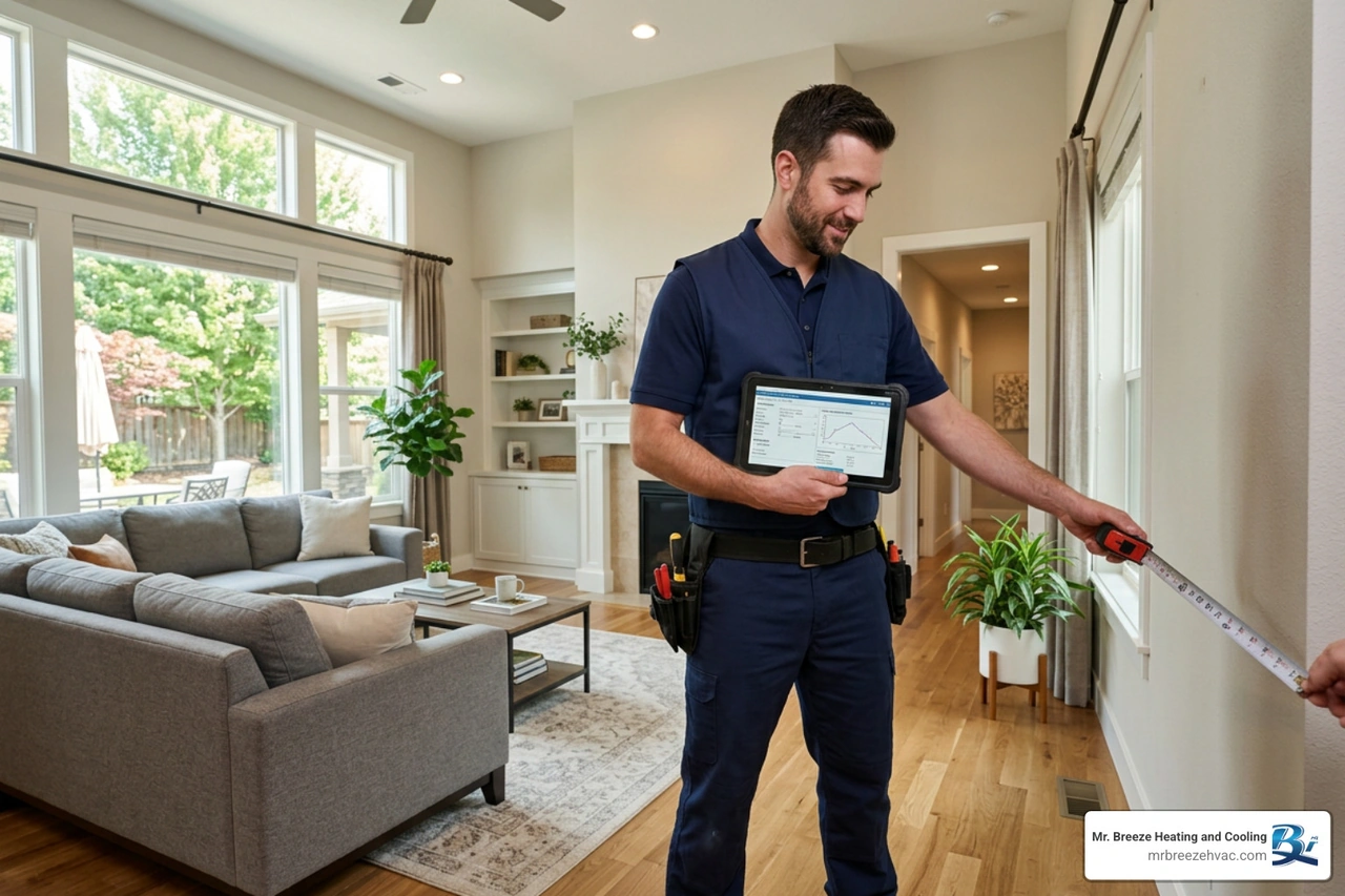 A professional technician measuring the layout of a home to calculate heating and cooling loads