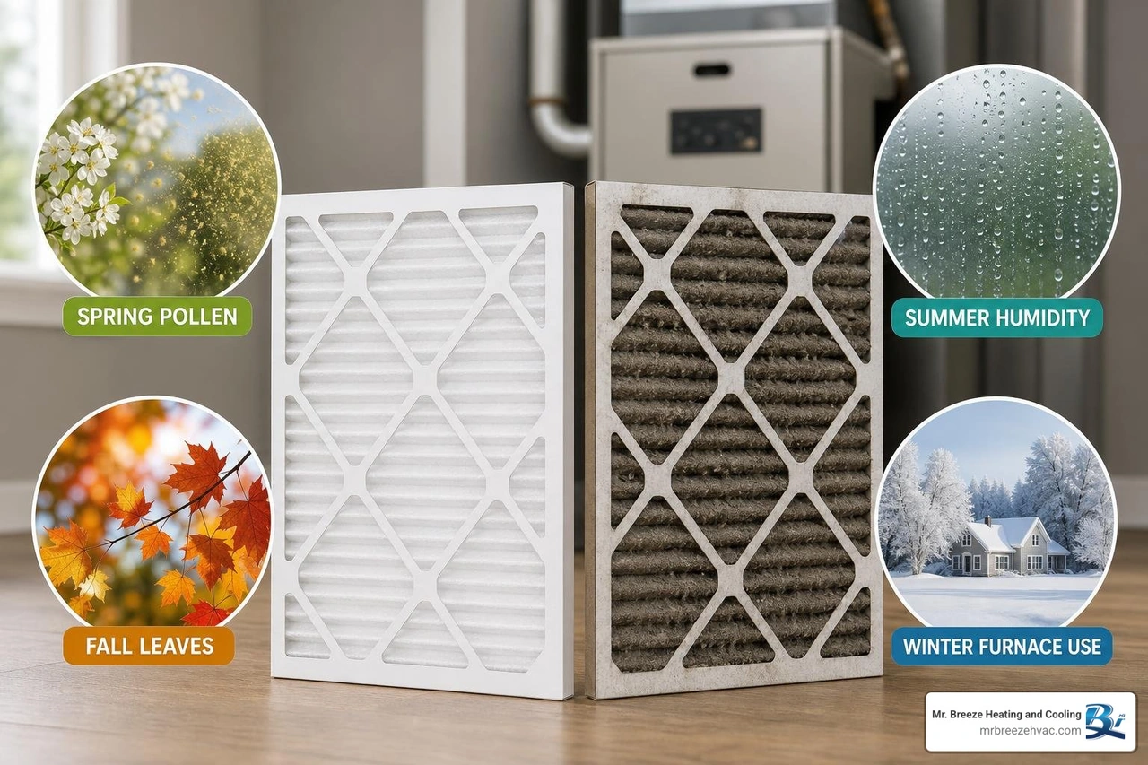 Infographic showing how each Midwest season affects HVAC filter clogging rate and replacement frequency Infographic showing how each Midwest season affects HVAC filter clogging rate and replacement frequency