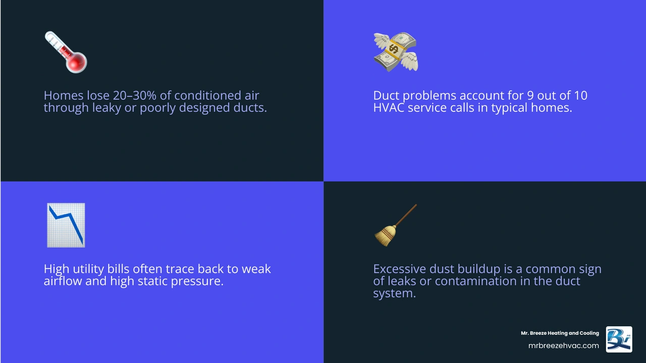 Infographic showing top signs a home needs duct redesign and how duct airflow problems cause energy waste and comfort issues Infographic showing top signs a home needs duct redesign and how duct airflow problems cause energy waste and comfort issues