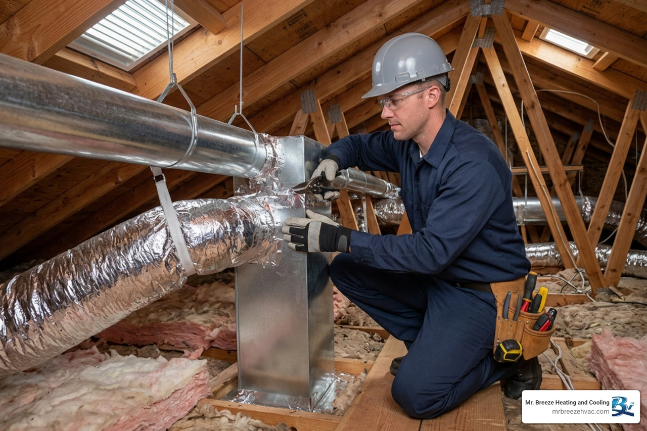 HVAC technician installing rigid and flexible ductwork in a home attic HVAC technician installing rigid and flexible ductwork in a home attic