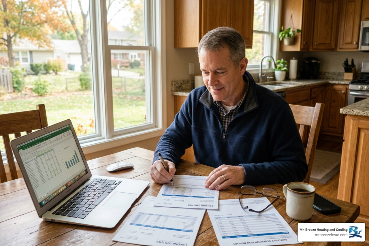 Homeowner reviewing energy bills in Lansing KS Homeowner reviewing energy bills in Lansing KS