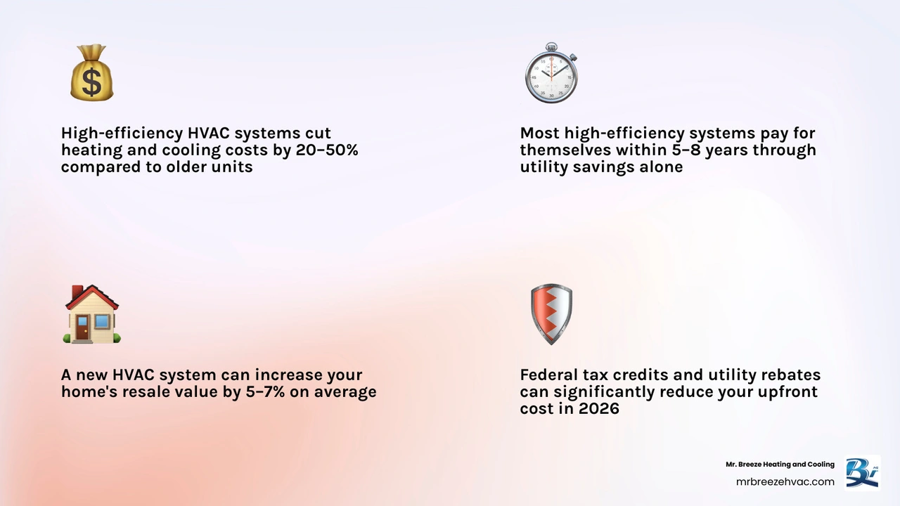 Infographic showing long-term ROI of HVAC replacement including energy savings, home value increase, and payback period