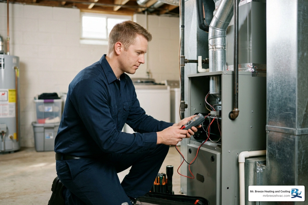 A professional technician inspecting a furnace in a Kansas home