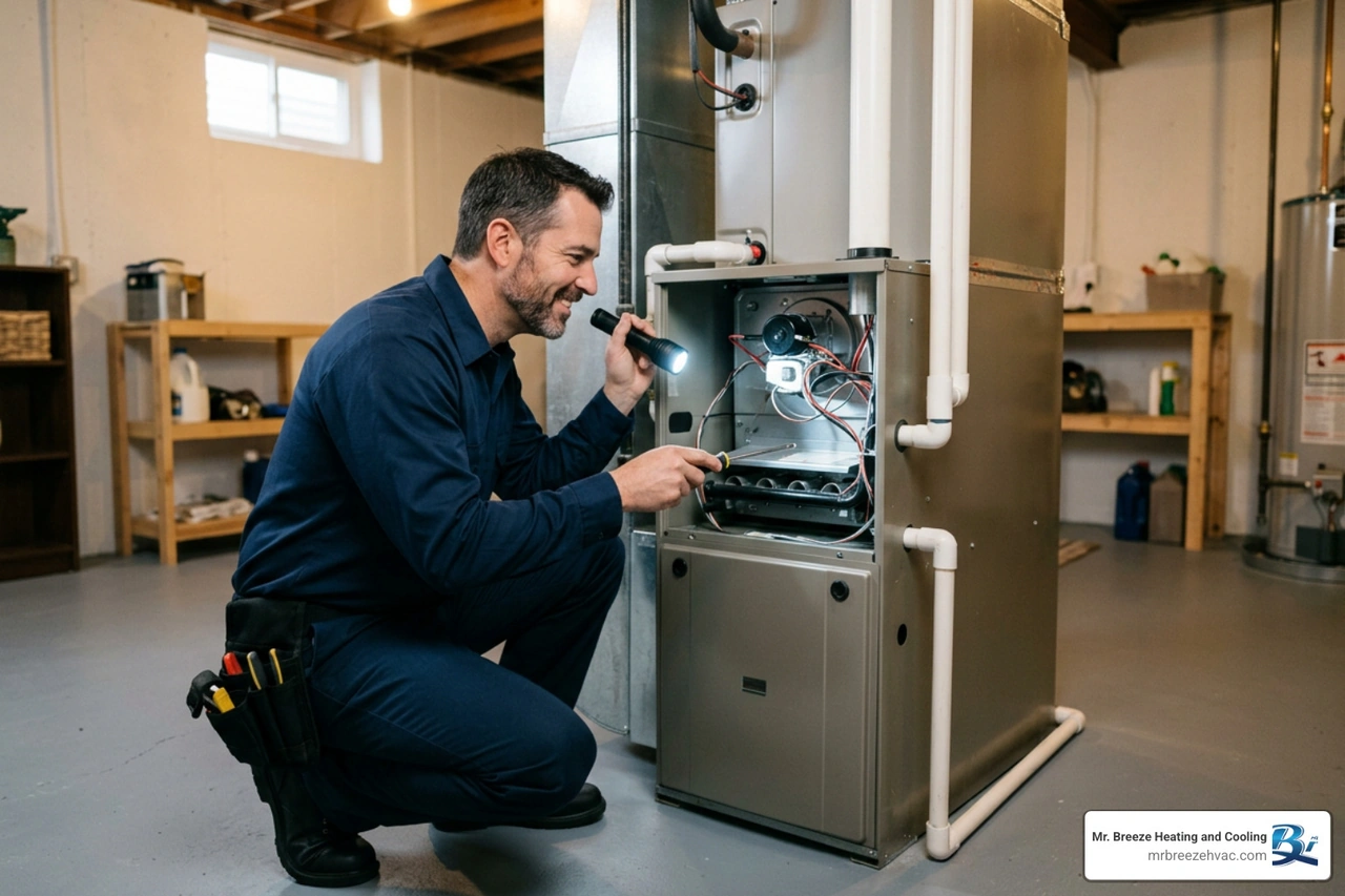 HVAC technician inspecting a furnace in a home basement HVAC technician inspecting a furnace in a home basement