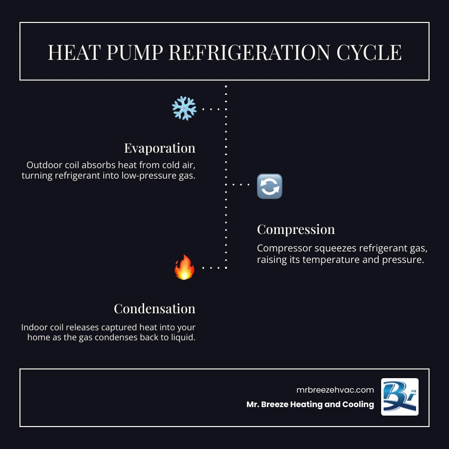 Infographic showing the basic heat pump refrigeration cycle with heating and cooling modes, key components, and efficiency Infographic showing the basic heat pump refrigeration cycle with heating and cooling modes, key components, and efficiency