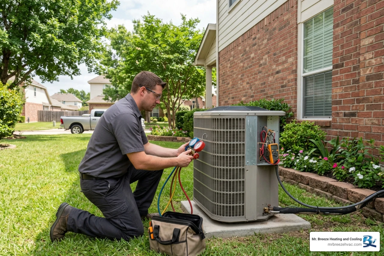 A technician inspecting the outdoor compressor unit of a residential heat pump system A technician inspecting the outdoor compressor unit of a residential heat pump system