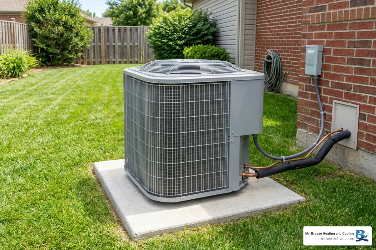 Clean outdoor condenser unit surrounded by neatly trimmed green lawn Clean outdoor condenser unit surrounded by neatly trimmed green lawn