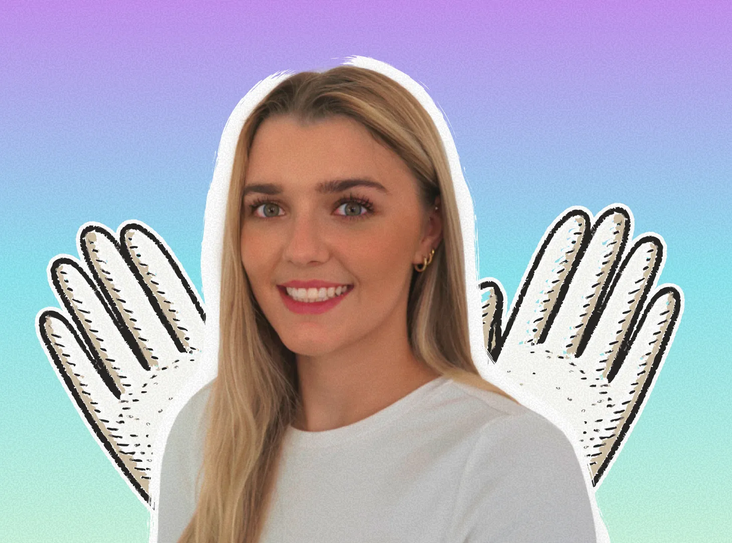 A woman with long blonde hair wearing a white t - shirt.