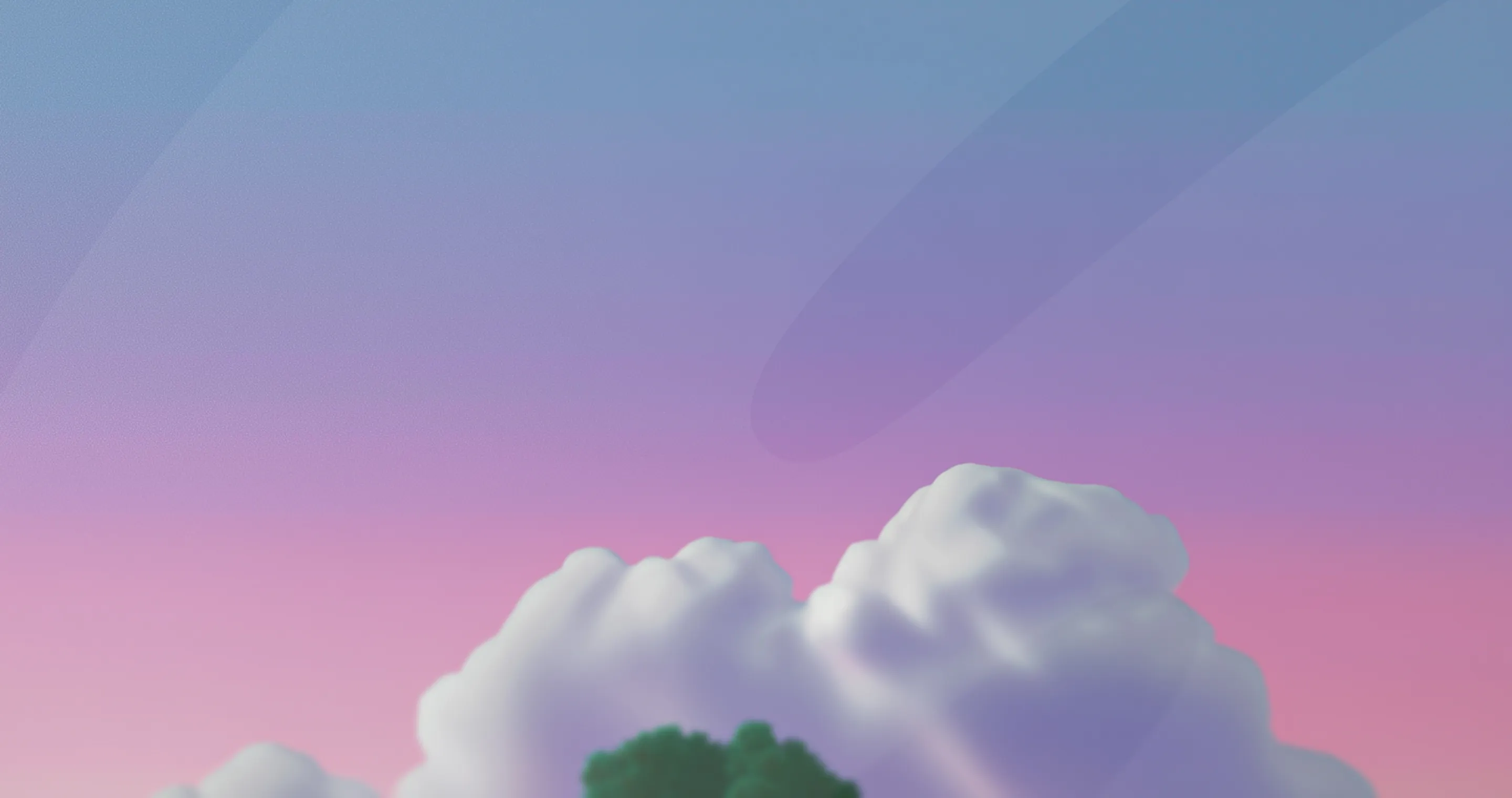 A pink and blue sky with clouds and a green tree.