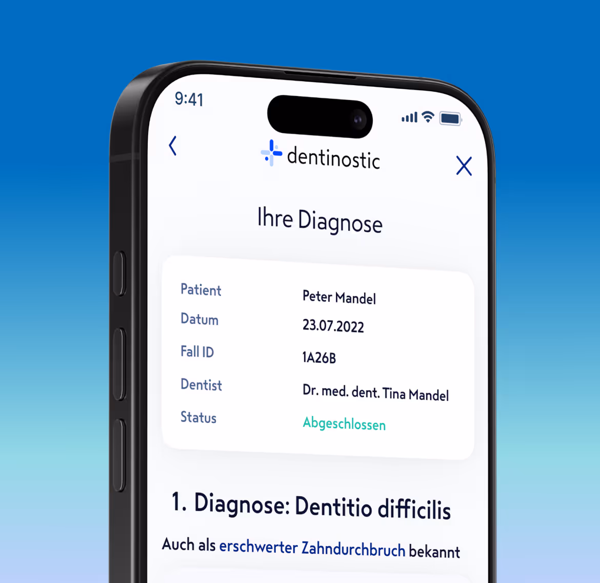 Smartphone screen showing a dental diagnosis app named dentinostic with patient details and diagnosis for Peter Mandel.