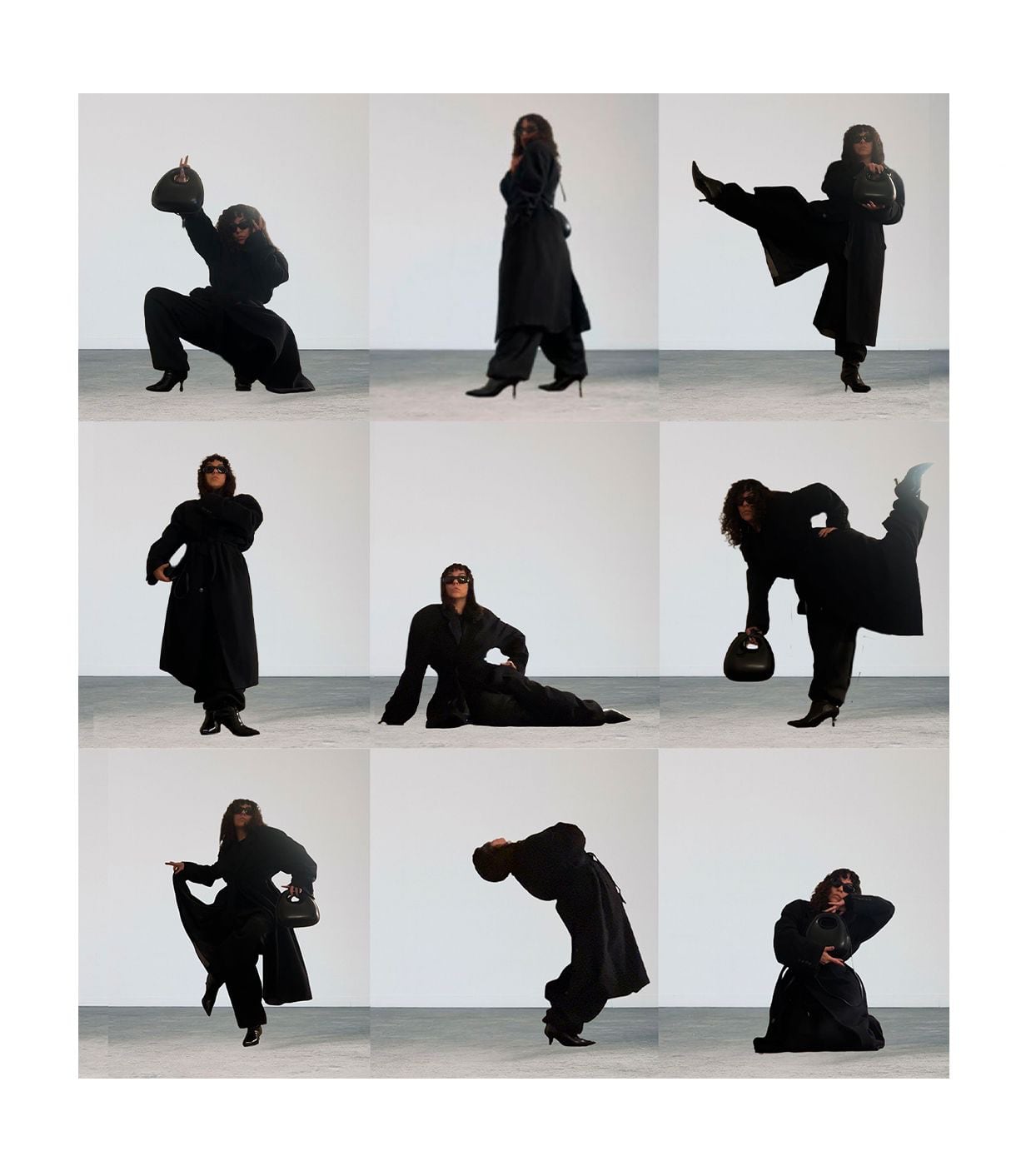 Collage of Julie Dorval in a long black coat and sunglasses striking various dynamic poses against a plain background, holding a black handbag.