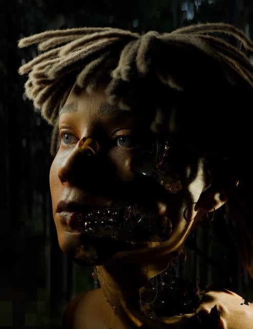 Close-up of a humanoid figure with realistic skin and dreadlocks, partially revealing mechanical components beneath its translucent face and neck of ADES THE PLANET