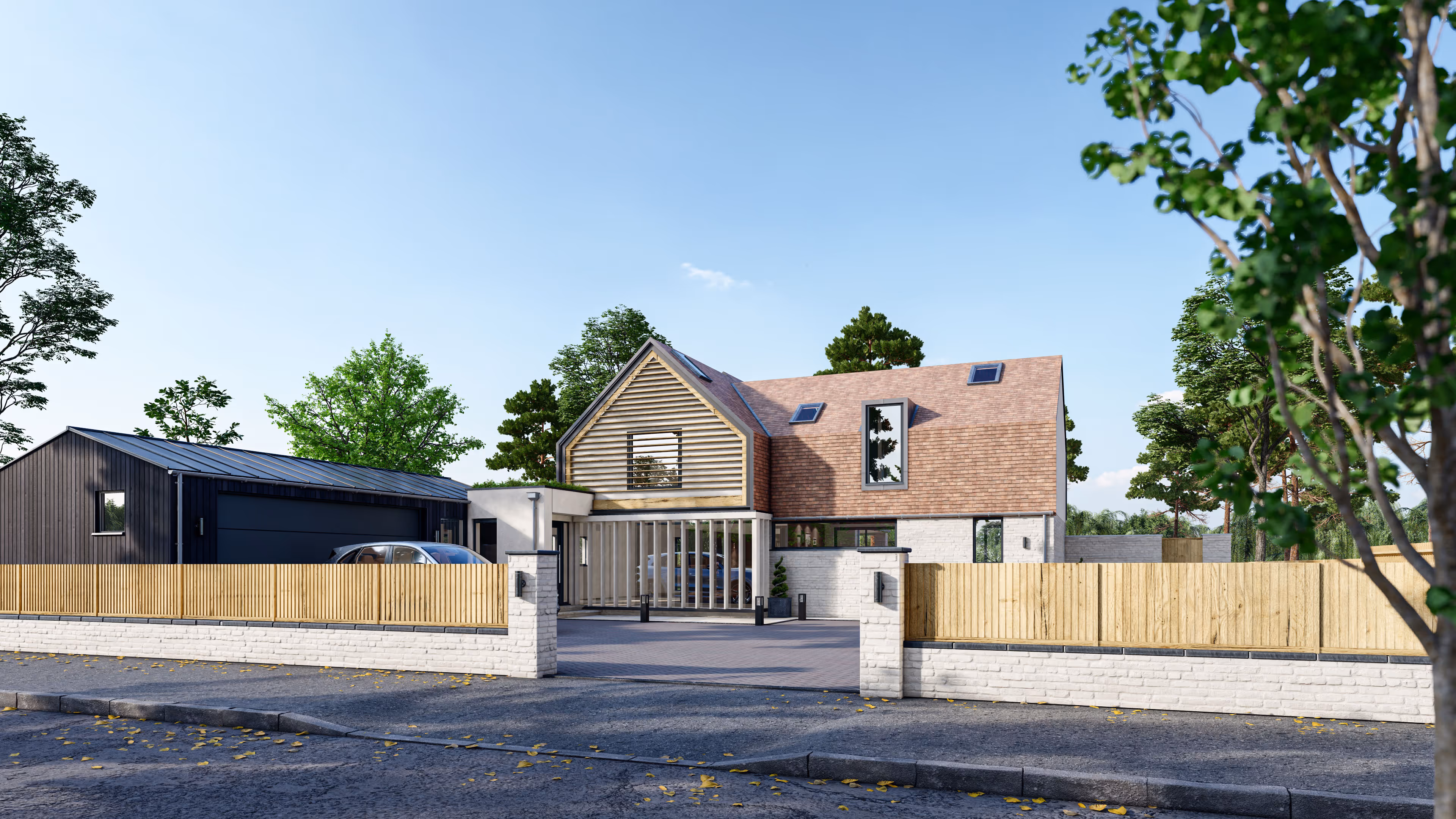 Modern suburban house with a sloped shingle roof, wooden paneling, large glass entrance, and a detached dark garage behind a beige wooden fence and low brick wall. Province Group Construction.