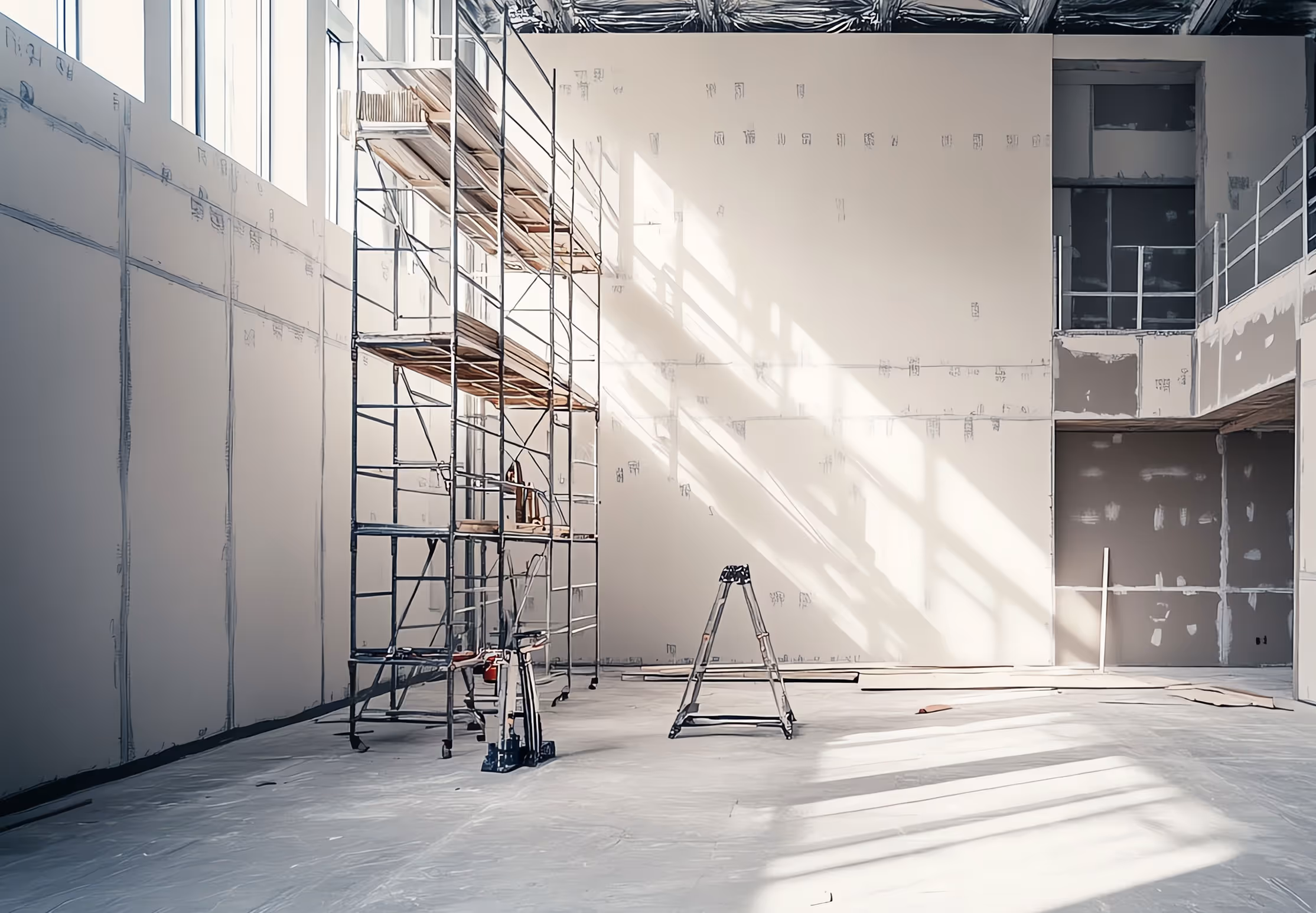 Bright, spacious room under construction with scaffolding and a ladder, featuring unfinished walls and high windows. Province Group Construction.