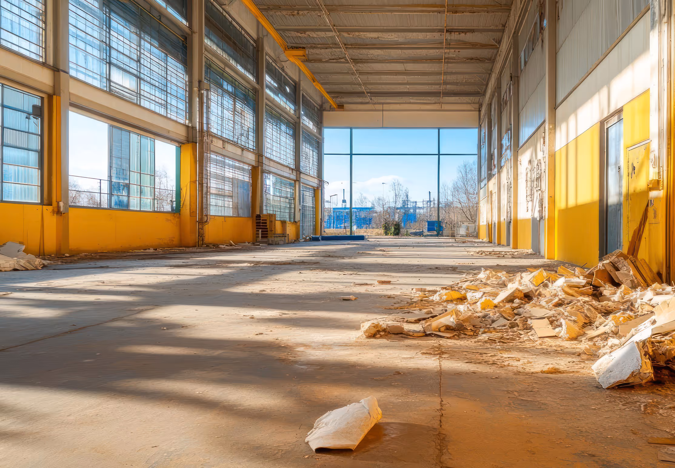 Interior of a large, empty warehouse with yellow lower walls, scattered debris, and tall windows letting in sunlight. Province Group Construction.