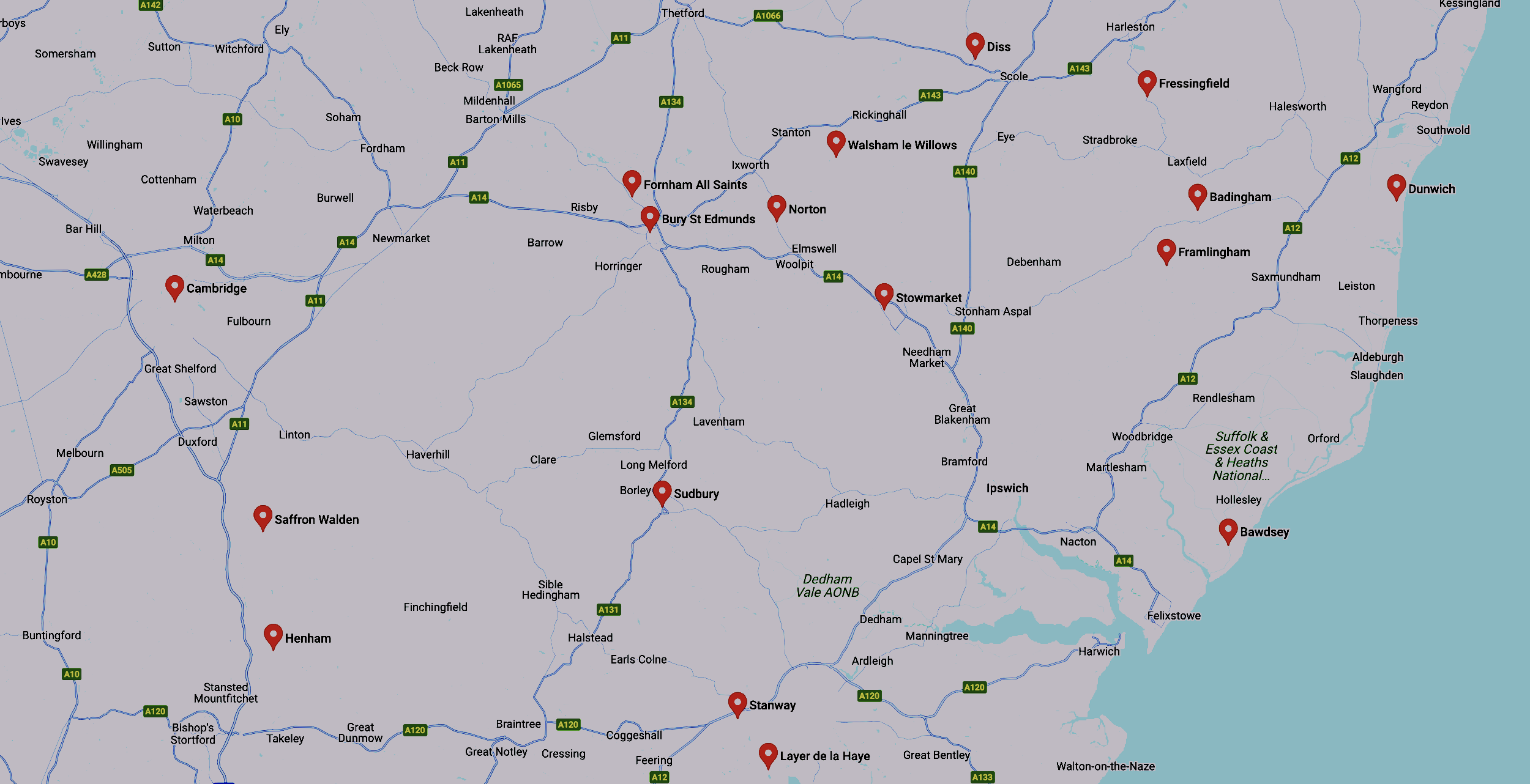 Map of locations in East England with red markers showing Cambridge, Saffron Walden, Henham, Sudbury, Stanway, Layer de la Haye, Bury St Edmunds, Fornham All Saints, Walsham le Willows, Norton, Stowmarket, Diss, Fressingfield, Badingham, Framlingham, Dunwich, and Bawdsey. Province Group Construction.