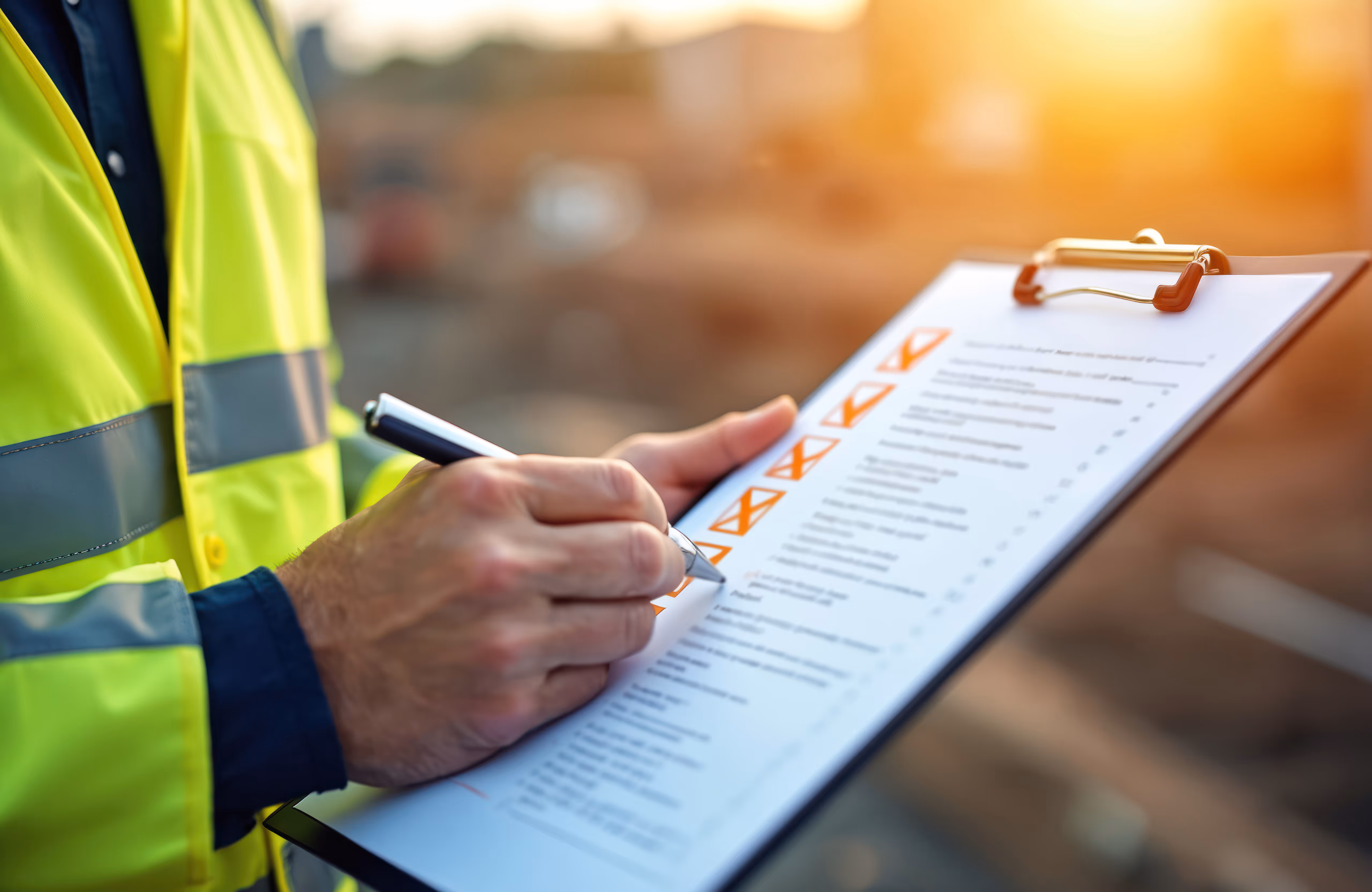 Person in a yellow safety jacket holding a pen and checking off items on a clipboard checklist during sunset. Province Group Construction.