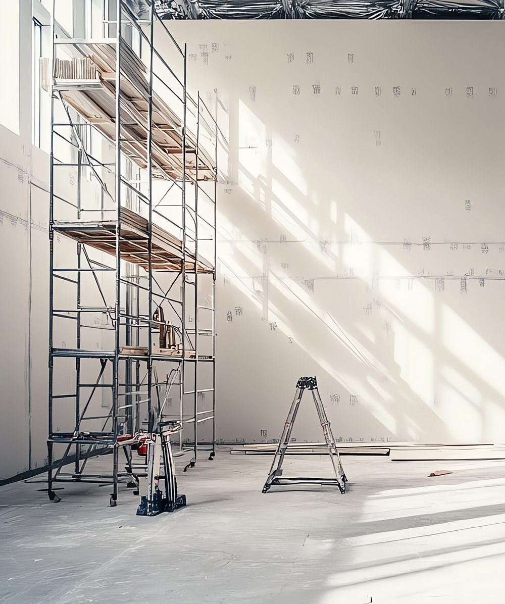 Empty construction site interior with tall scaffolding, a small stepladder, and sunlight casting shadows on white walls. Province Group Construction.
