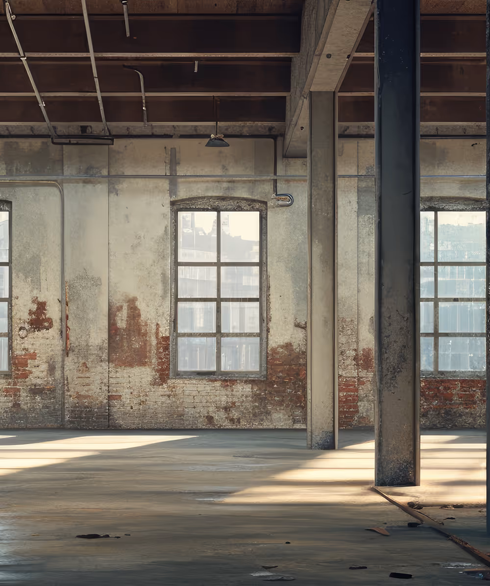 Empty industrial warehouse interior with weathered brick walls, concrete pillars, and large windows letting in sunlight. Province Group Construction.