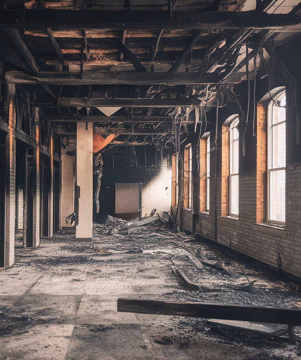 Interior of a large, charred, fire-damaged room with exposed beams and debris on the floor. Province Group Construction.