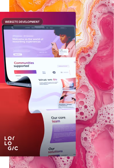 Laptop with website development page that extends in a scrolling paper-like design on pink and orange background.