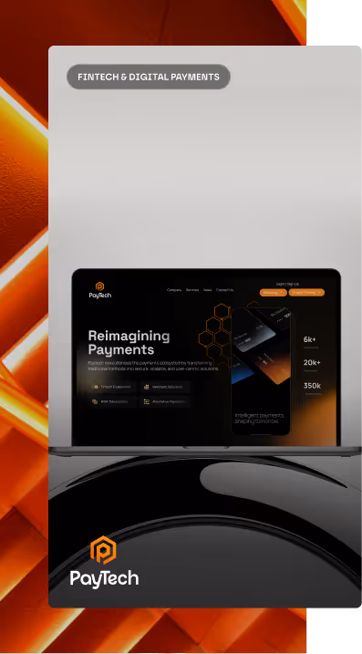 PayTech website with dark theme showing fintech and digital payments services and branding.