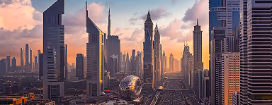 City skyline with many tall skyscrapers at sunset under a partly cloudy sky.
