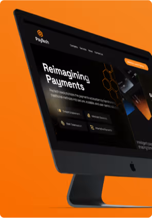 Computer monitor displaying a website for PayPatch with orange background.