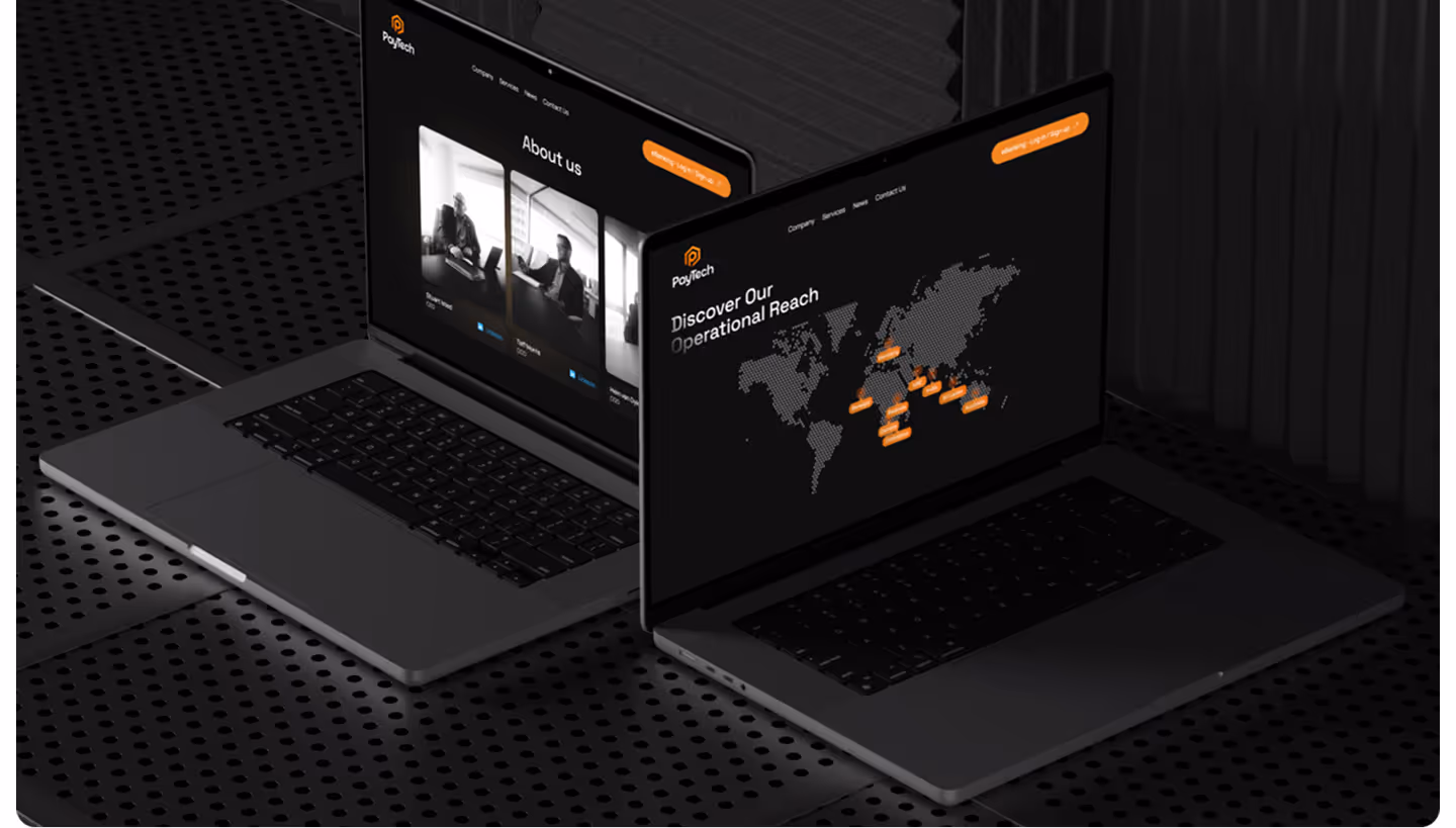 Two laptops displaying PayTech website pages: About Us with black and white photos, and a world map of locations.