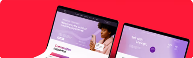 Two tablets showing Loylogic payment solutions with purple-themed interfaces on a red background.