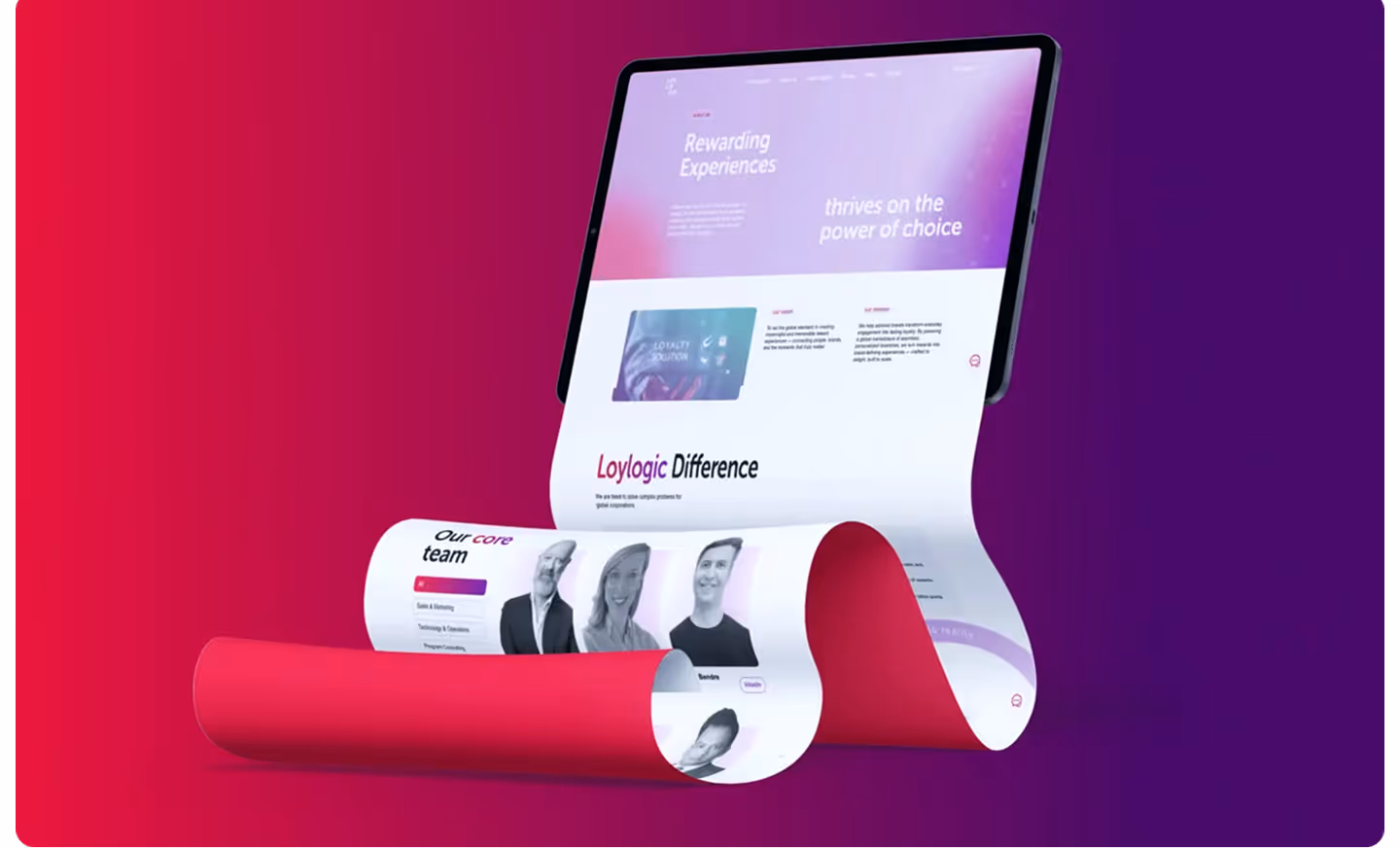 Digital tablet displays a scrolling page with images and text about a team and rewarding experiences.