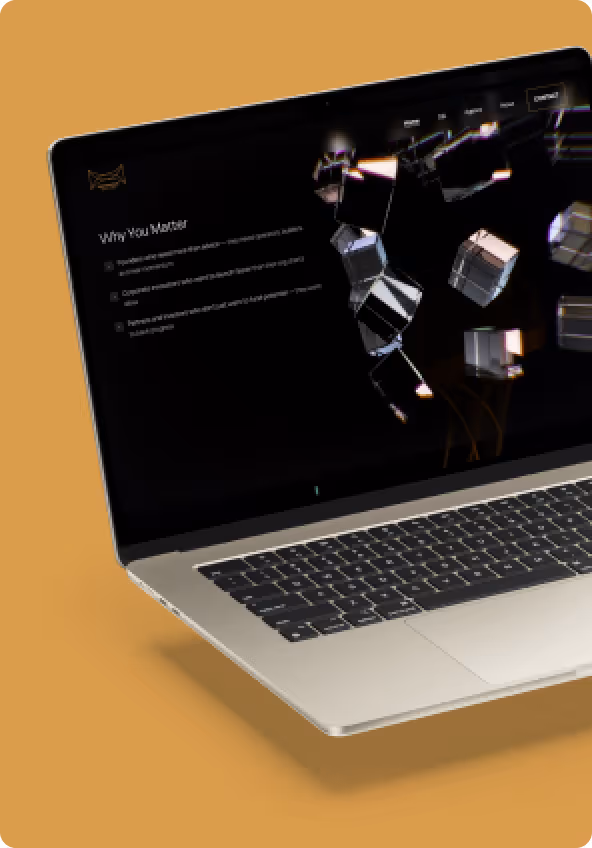 Laptop with dark screen displaying abstract 3D geometric shapes and text titled Why You Matter.