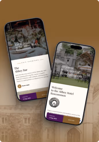 Two smartphones display Abbey Hotel Roscommon website pages on a brown background.