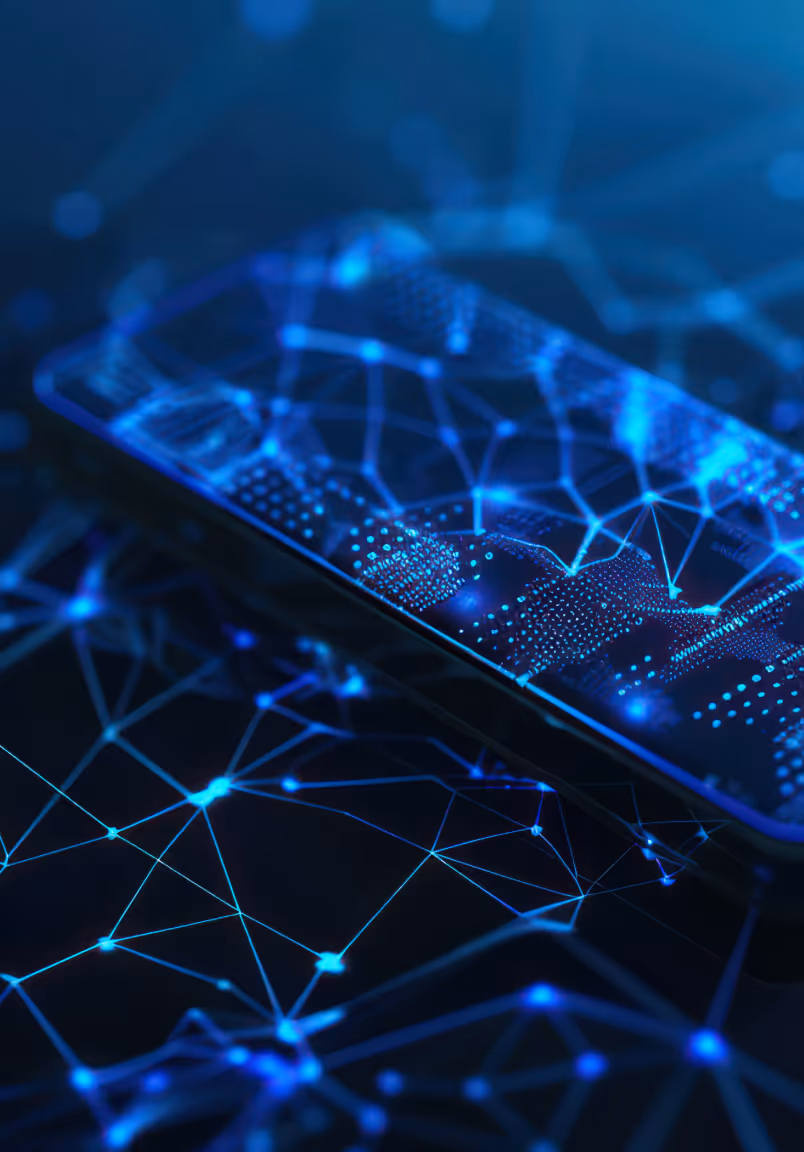 Smartphone displaying digital fingerprint and network connections in glowing blue light.