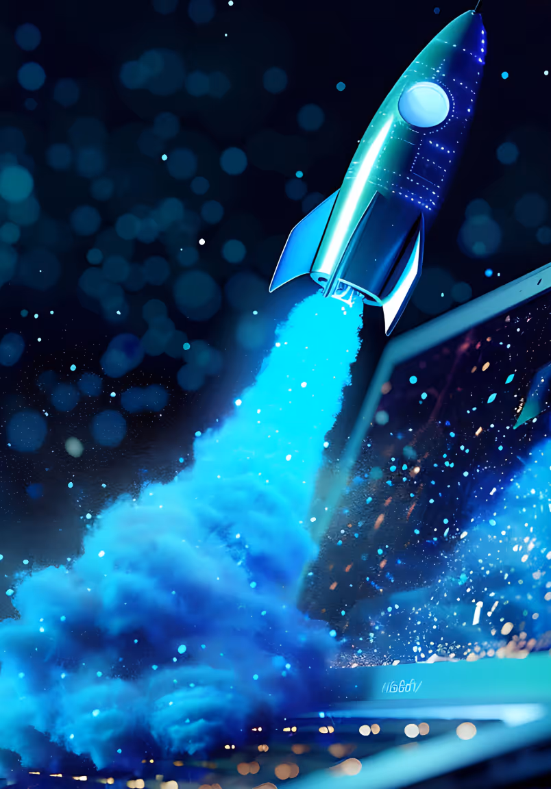 Blue rocket launching upward from a laptop keyboard with glowing smoke and digital particles.