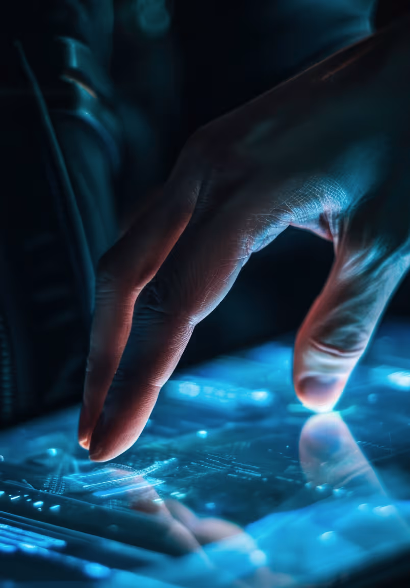 Hand interacting with a glowing digital touchscreen displaying futuristic interface elements.