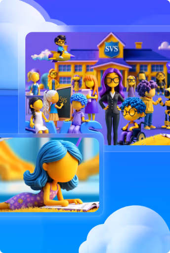 Colorful cartoon figures including students, a teacher, and a building with SVS logo under a blue sky.