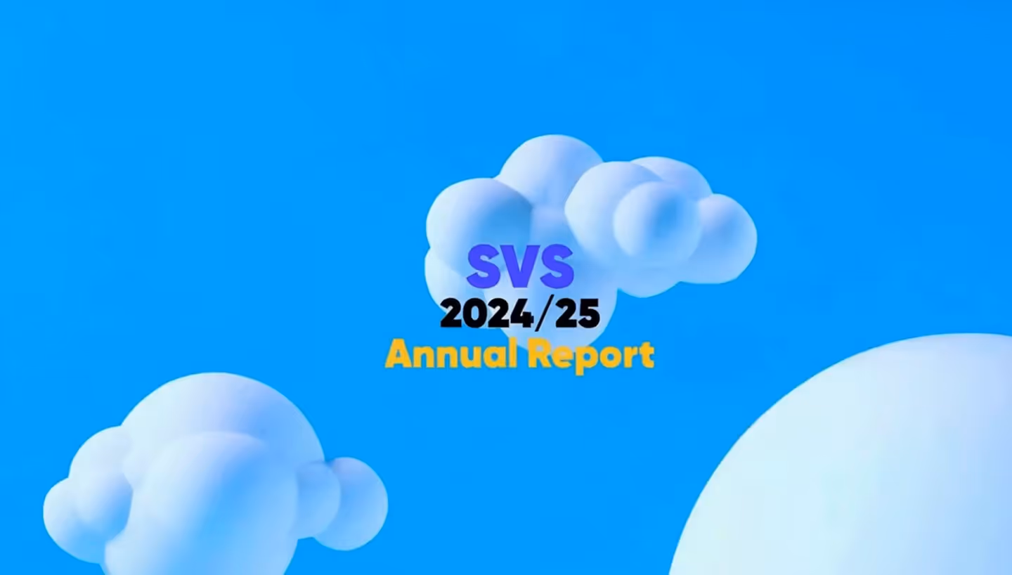Blue sky with three fluffy clouds and text reading SVS 2024/25 Annual Report in center cloud.