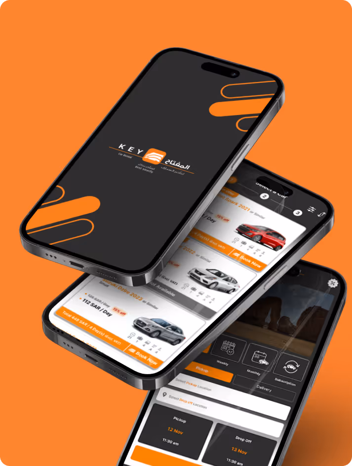 Three smartphones showing a car rental app interface with selection and booking options on an orange background.