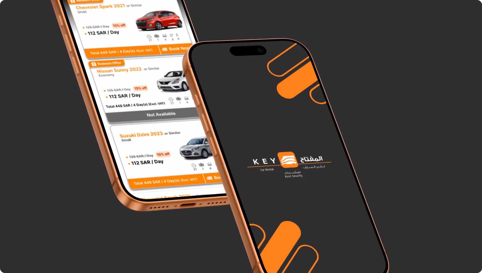 Two smartphones display Key Car Rental app screens with car rental offers and the company logo.