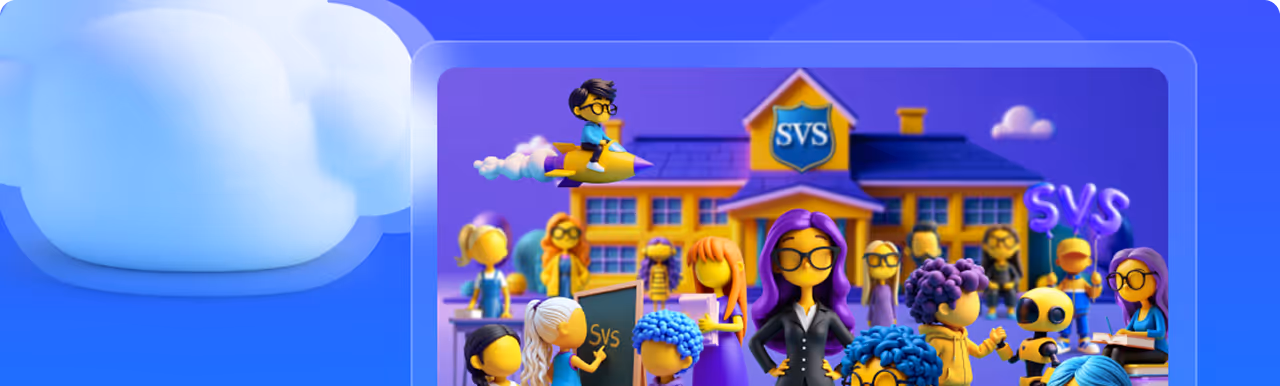 Colorful cartoon characters in front of an SVS school building with bright blue and purple background.