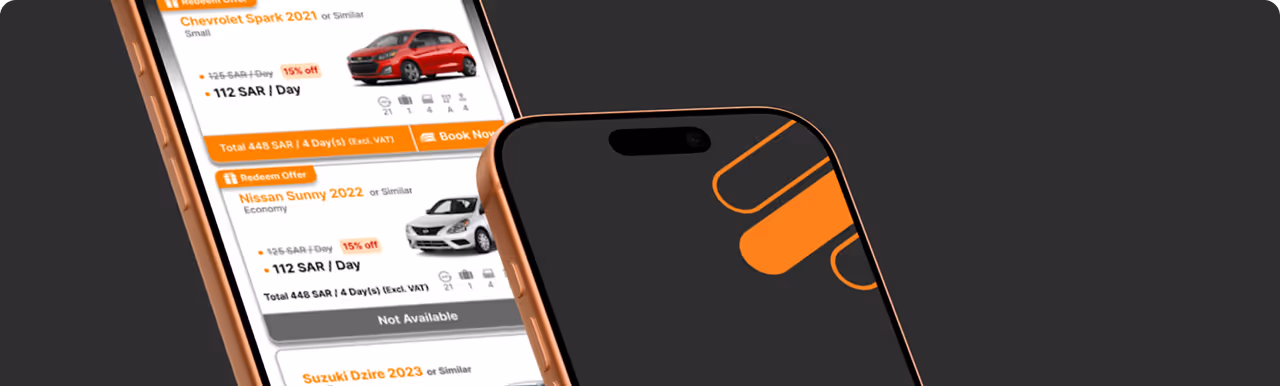 Two rose gold smartphones showing car rental options with prices and booking buttons on screen.