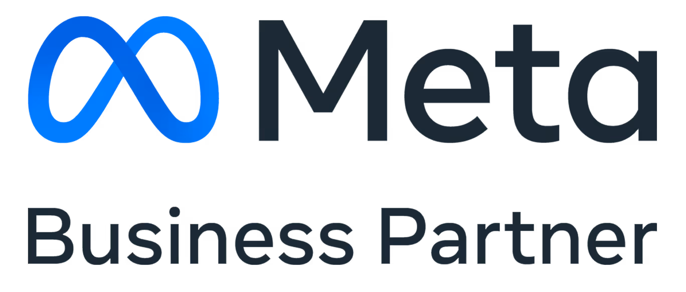 Meta Business Partner Logo mit blauem Meta-Symbol und schwarzem Text.