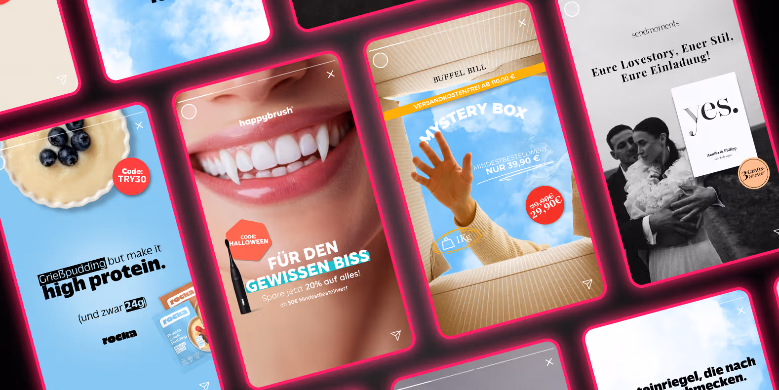 Mehrere farbenfrohe Instagram-Werbekarten mit Bildern und Texten zu Proteinpudding, Zahnbürste, Mystery Box und Hochzeitskarte.