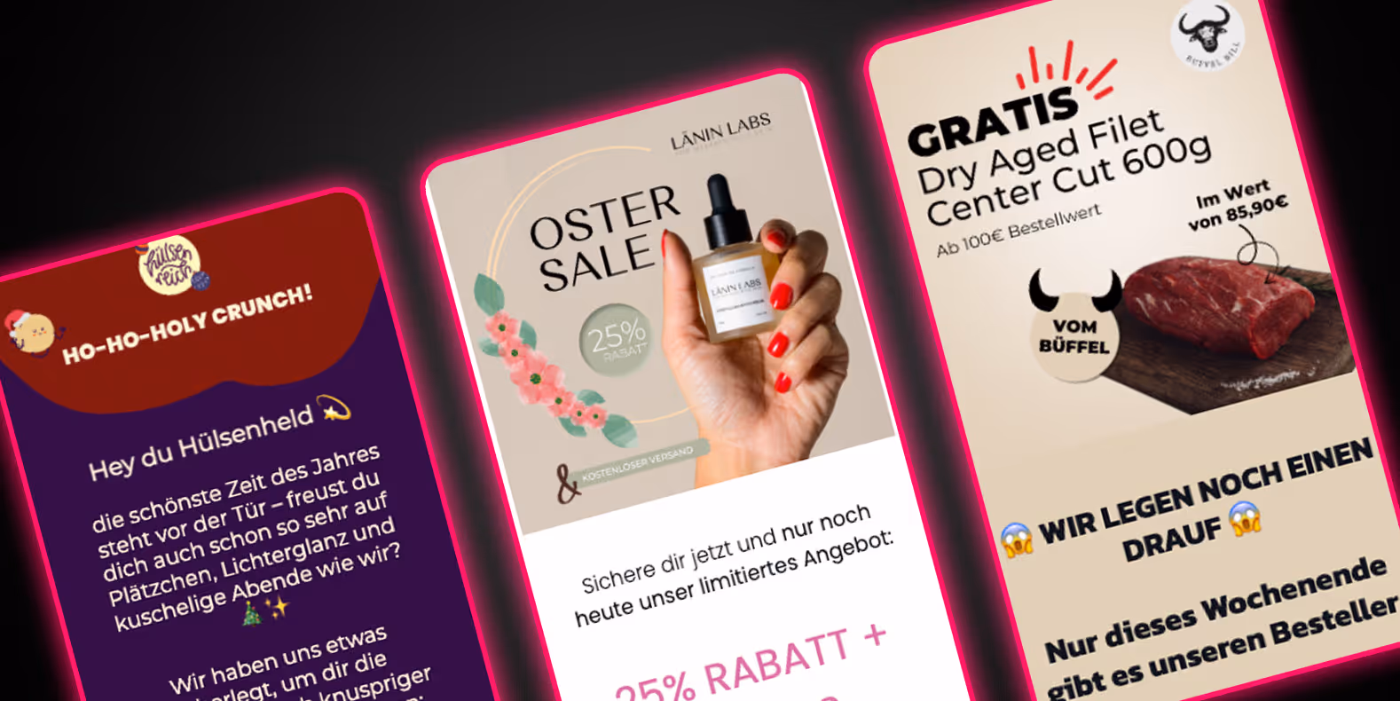Drei bunte Werbebanner mit Weihnachts-, Oster- und Fleischangeboten, darunter 25% Rabatt auf Länin Labs Serum und ein gratis 600g Dry Aged Filet vom Büffel ab 100€ Bestellwert.