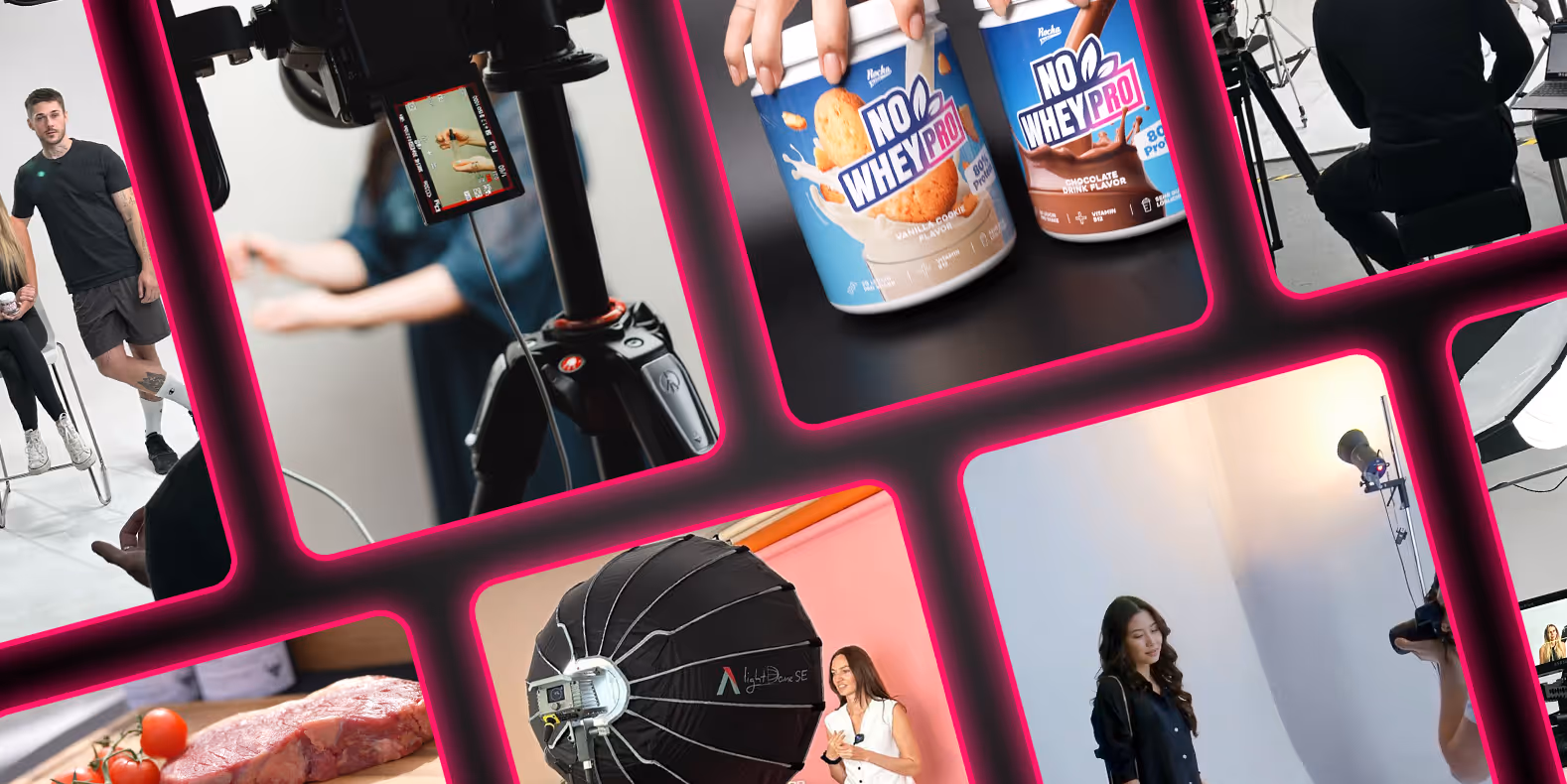 Collage aus Fotoshootings: Personen vor Kamera mit Studiobeleuchtung, Nahaufnahme von Proteinpulverdosen, rohes Fleisch mit Tomaten auf Holzbrett.