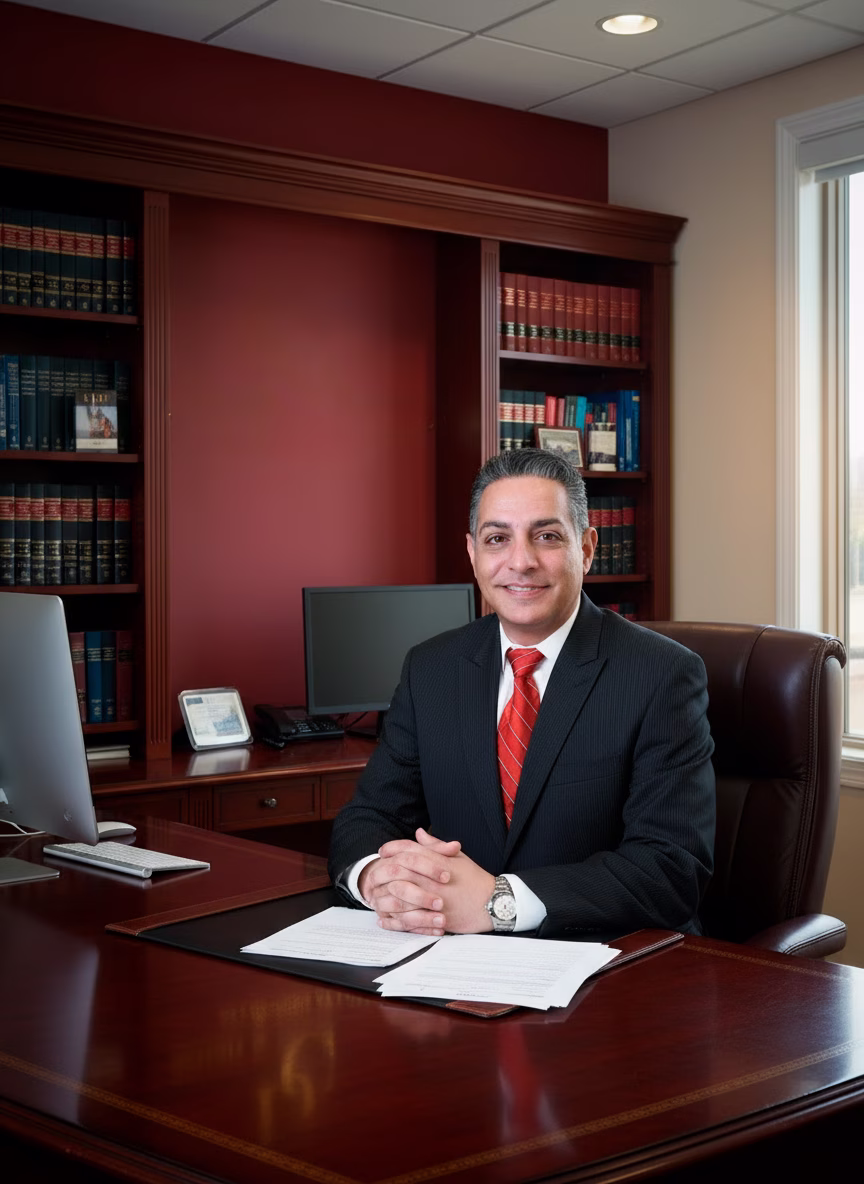Man in a dark suit and red tie sitting at a polished wooden desk with papers, smiling in an office with bookshelves and a window.