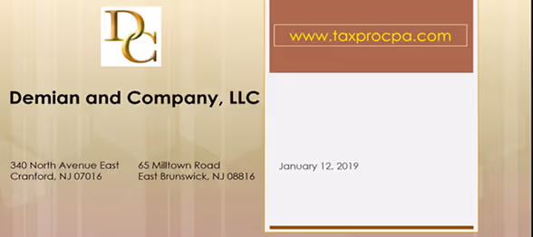 Business card for Demian and Company, LLC with logo, addresses in Cranford and East Brunswick New Jersey, website www.taxproccpa.com, dated January 12, 2019.