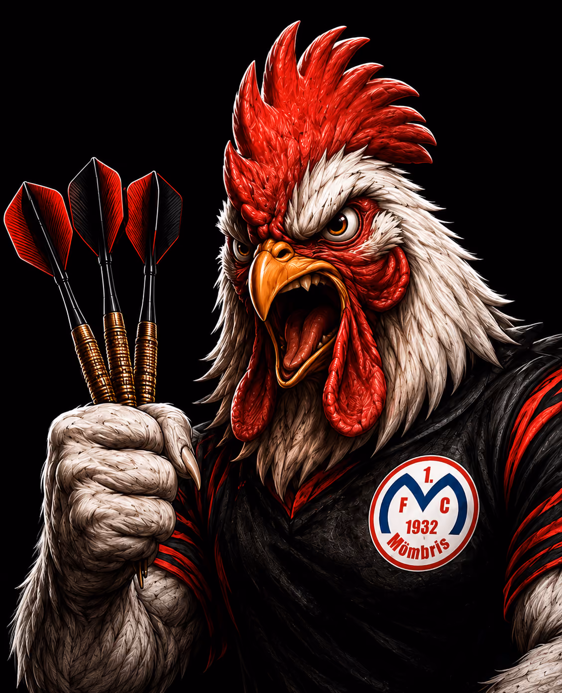 Illustration eines aufgeregten Hahns mit rotem Kamm und weißem Gefieder, der ein schwarzes Trikot mit dem Logo von 1. FC Mömbris 1932 trägt und drei rote Darts in der linken Hand hält.